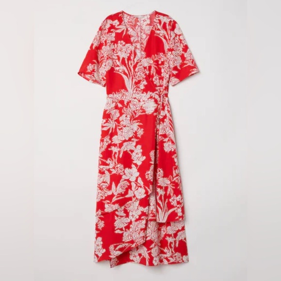 H&M Wrap Maxi Dress.  Red Floral Pattern with layered Skirt.  Size 6. - Picture 1 of 13